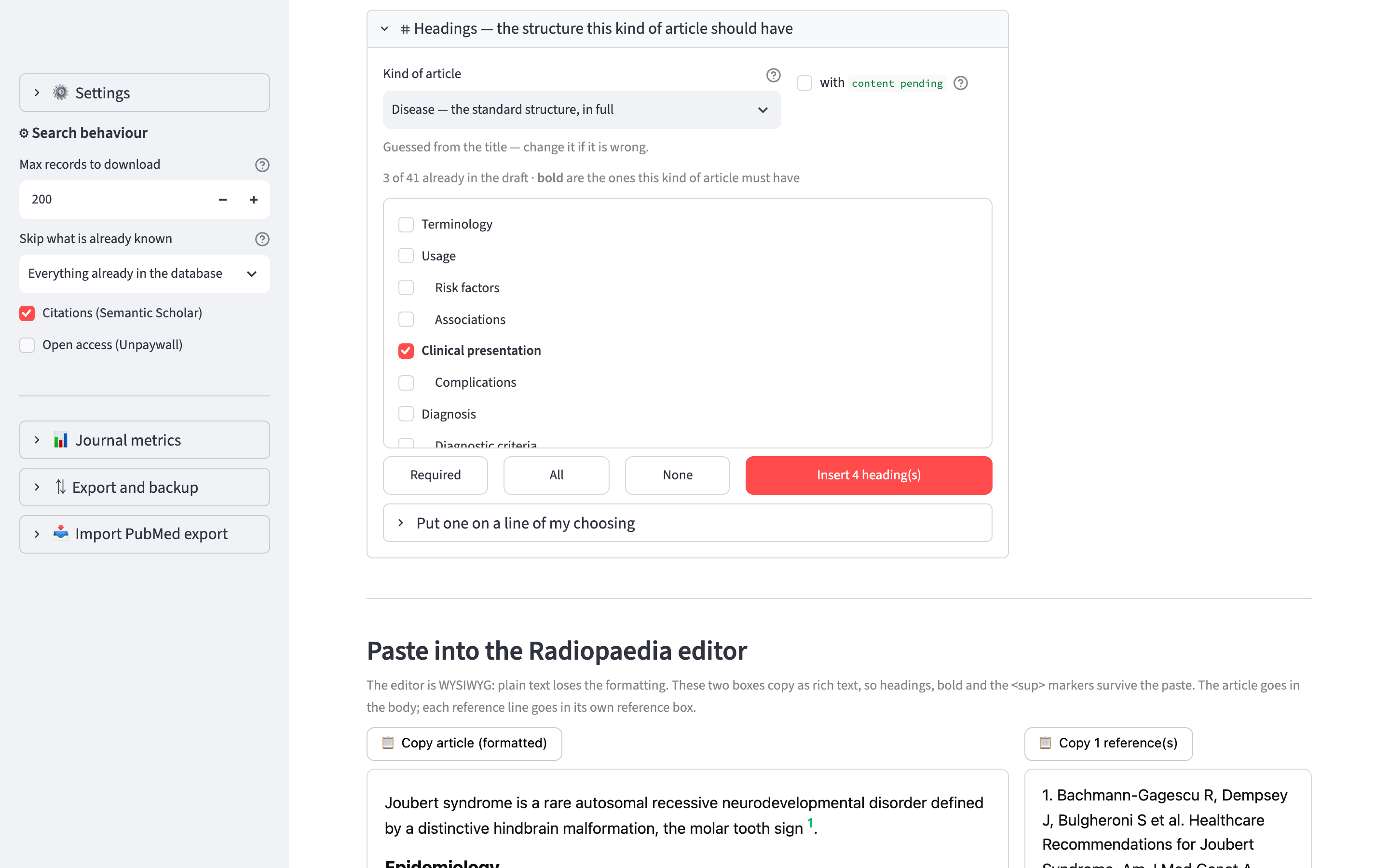 The headings panel, and the formatted output